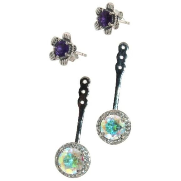 Amethyst Flower Stud Earrings with Beautiul (Removable) Rainbow Topaz Dangles - Picture 2 of 16